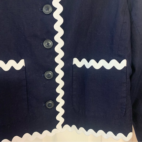 Size 16 J CREW Women Blazer Navy Blue White Ric Rac Trim Lined Button Front - Picture 6 of 6